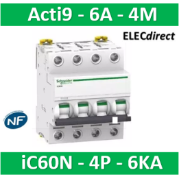 Schneider - Acti9 - iC60N - Disjoncteur - 4P - 6A - 6kA - courbe C - Réf : A9F77406