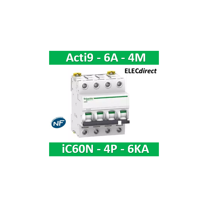 Schneider - Acti9 - iC60N - Disjoncteur - 4P - 6A - 6kA - courbe C - Réf : A9F77406