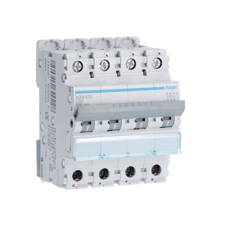 HAGER - Disjoncteur 4P 6/10kA - Courbe D - 32A 4M Réf :NGN432
