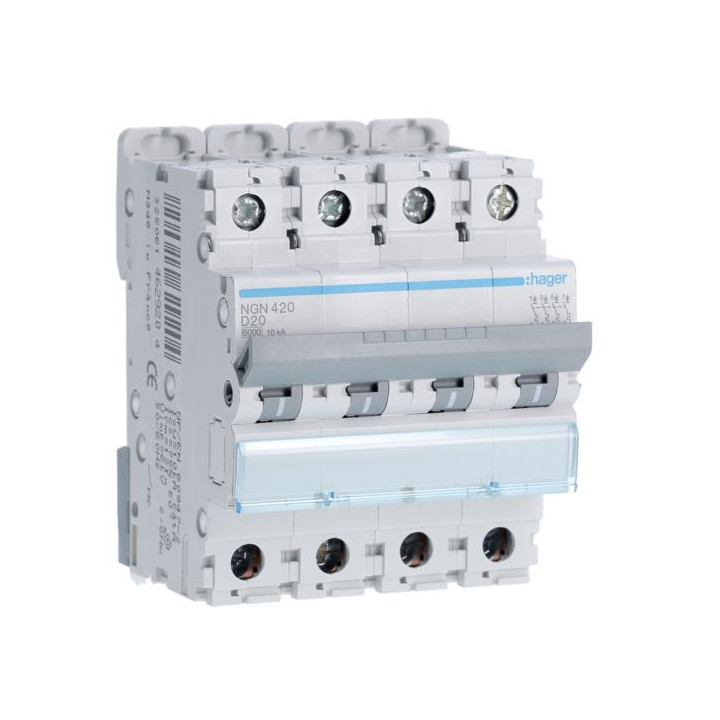 Hager - Disjoncteur 4P 6/10kA Courbe D - 20A 4M - Réf : NGN420