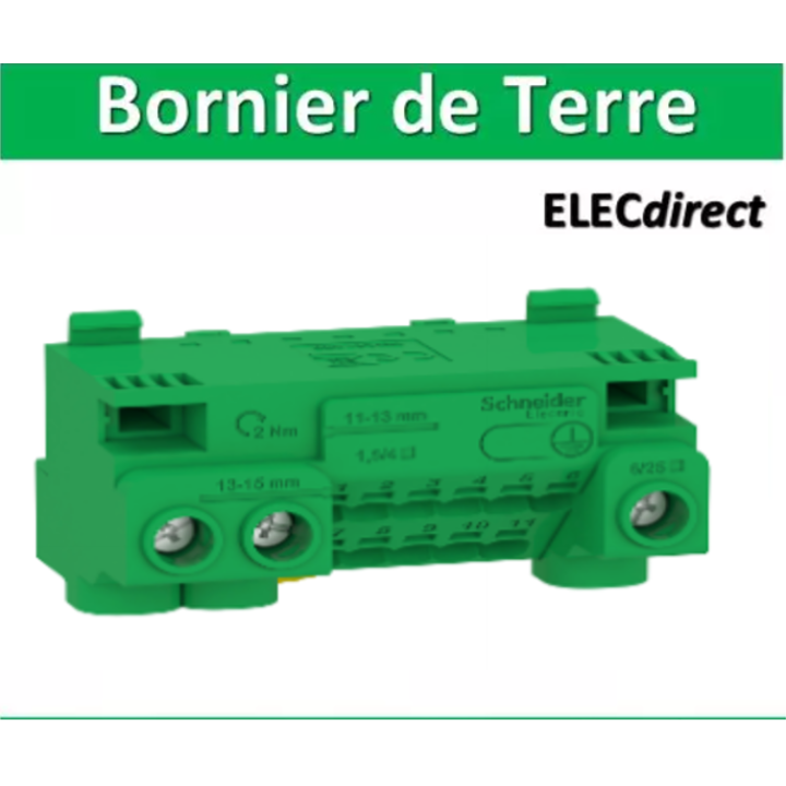 Schneider - Resi9 - bornier terre 63A + cavalier - auto 11x1,5² à 4² - vis 3x6² à 25² - LGYT1E14