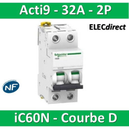 Schneider - Acti9 - iC60N - Disjoncteur - 2P - 32A - 6kA - courbe D -  Réf : A9F75232