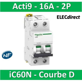Schneider - Acti9 - iC60N - Disjoncteur - 2P - 16A - 6kA - courbe D -  Réf : A9F75216