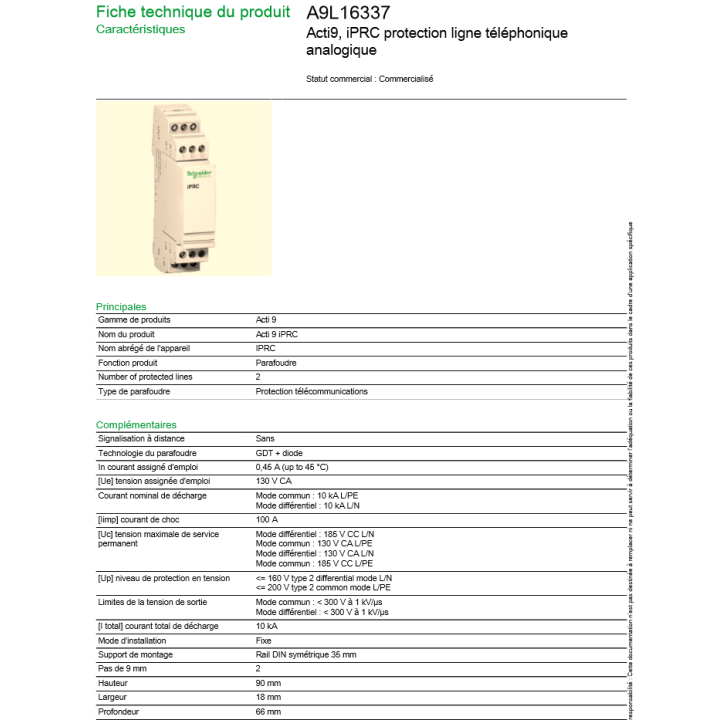 Schneider - Parafoudre bipolaire RESI9 NF PH+N 10KA + parafoudre ligne téléphonique - R9PLC+A9L16337