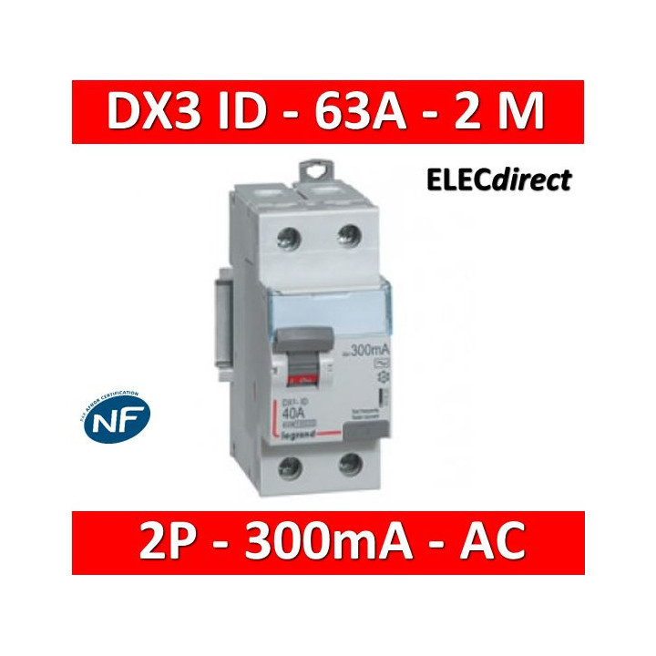 Legrand - DX3 - Interrupteur Différentiel  - 2P - 63A - 300mA  - Type AC - Réf : 411526