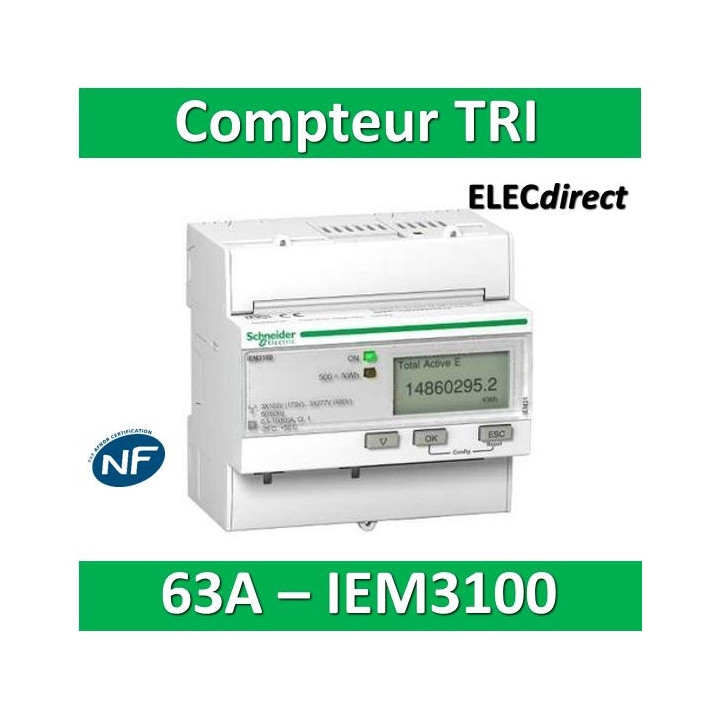 Schneider - Compteur d'énergie - TRI IEM3100 - 63A - SCHA9MEM3100 - Acti 9
