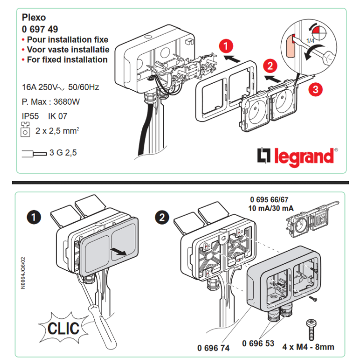 Legrand Plexo - Prise de courant 2x2P+T précâblé 16A 230V + piquet de jardin - IP55/IK07 - Réf : 069749