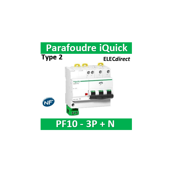 Schneider - Parafoudre iQuick PF10 3P+N - 10KA - Livré sans câble de terre - A9L16618