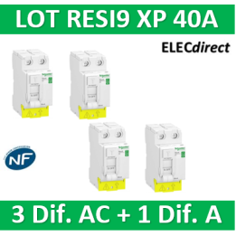 SCHNEIDER - LOT de 4 inter dif. XP - (3 - ID 2x40A 30mA AC/1 - ID 2x40A 30mA A) - R9PRC240x3+R9PRA240
