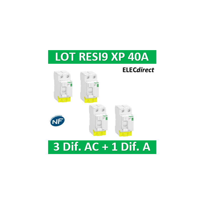 SCHNEIDER - LOT de 4 inter dif. XP - (3 - ID 2x40A 30mA AC/1 - ID 2x40A 30mA A) - R9PRC240x3+R9PRA240