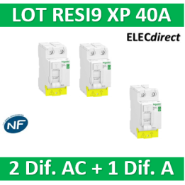 SCHNEIDER - LOT de 3 inter dif. RESI9 XP - (2 - ID 2x40A 30mA AC/1 - ID 2x40A 30mA A) - R9PRC240x2+R9PRA240