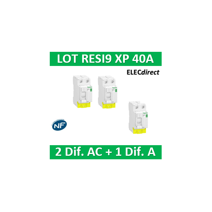 SCHNEIDER - LOT de 3 inter dif. RESI9 XP - (2 - ID 2x40A 30mA AC/1 - ID 2x40A 30mA A) - R9PRC240x2+R9PRA240