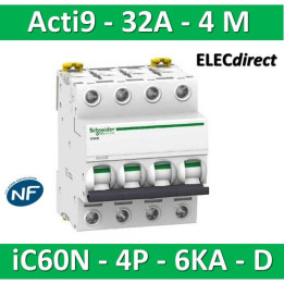 Schneider - Acti9 - iC60N - Disjoncteur - 4P - 32A - 6kA - courbe D - Réf : A9F75432
