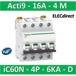 Schneider - Acti9 - iC60N - Disjoncteur - 4P - 16A - 6kA - courbe D - Réf : A9F75416