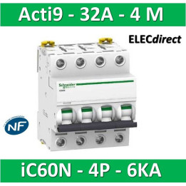 Schneider - Acti9 - iC60N - Disjoncteur - 4P - 32A - 6kA - courbe C - Réf : A9F77432