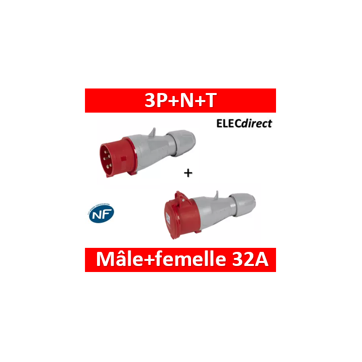Legrand - Fiche mobile droite P17 IP44 32A - 380V à 415V - 3P+N+T - mâle+femelle - Réf : 555239+555219