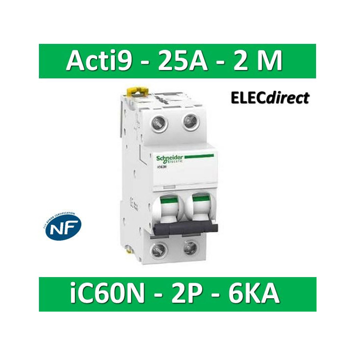 Schneider - Acti9 - iC60N - Disjoncteur - 2P - 25A - 6kA - courbe C - Réf : A9F77225