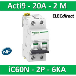 Schneider - Acti9 - iC60N - Disjoncteur - 2P - 20A - 6kA - courbe C - Réf : A9F77220