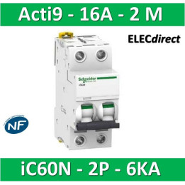 Schneider - Acti9 - iC60N - Disjoncteur - 2P - 16A - 6kA - courbe C - Réf : A9F77216