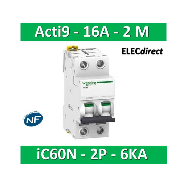 Schneider - Acti9 - iC60N - Disjoncteur - 2P - 16A - 6kA - courbe C - Réf : A9F77216
