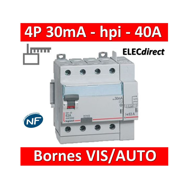LEGRAND - Inter différentiel DX3-ID 4P 40A - 30mA - HPI - Départ Haut - 5M - Réf : 411658