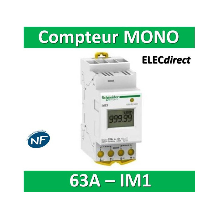 Schneider - Compteur d'énergie 230V - MONO IM1 - 63A - A9MEM2100- Acti 9