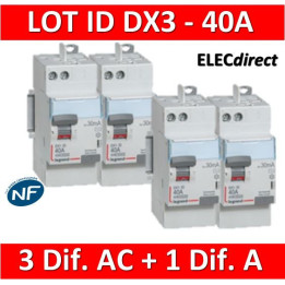 LEGRAND - LOT de 4 inter différentiels DX3 - AUTO - (3 - ID 2x40A 30mA AC - ID 2x40A 30mA A) 411632x3 + 411638