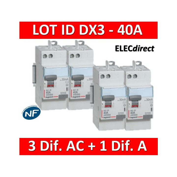 LEGRAND - LOT de 4 inter différentiels DX3 - AUTO - (3 - ID 2x40A 30mA AC - ID 2x40A 30mA A) 411632x3 + 411638