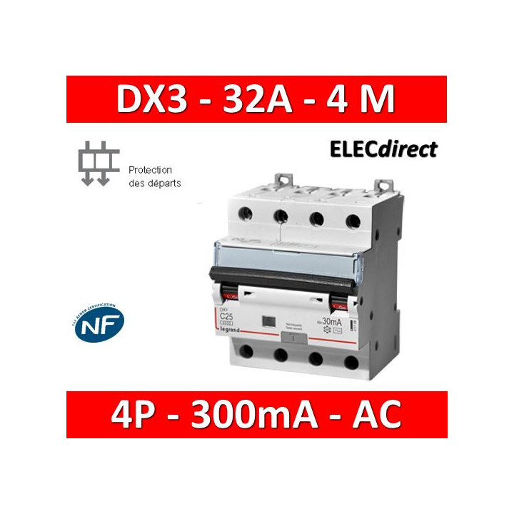LEGRAND - Disjoncteur Différentiel  DX3  4P - 32A - C - 300MA - AC - Réf : 411208