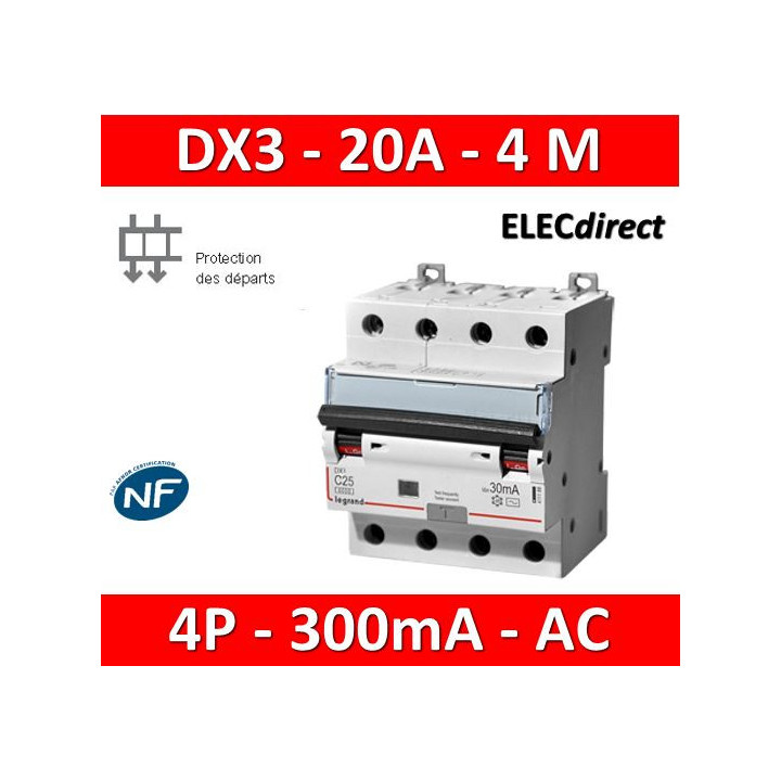 LEGRAND - Disjoncteur Différentiel  DX3  4P - 20A - 300MA - AC - Réf : 411206
