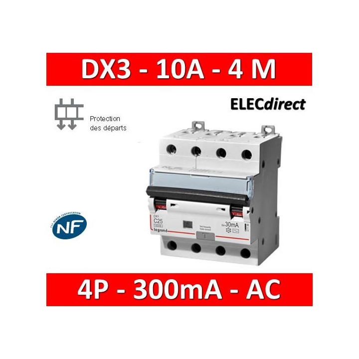 LEGRAND - Disjoncteur Différentiel  DX3  4P - 10A - 300MA - AC - Réf : 411204