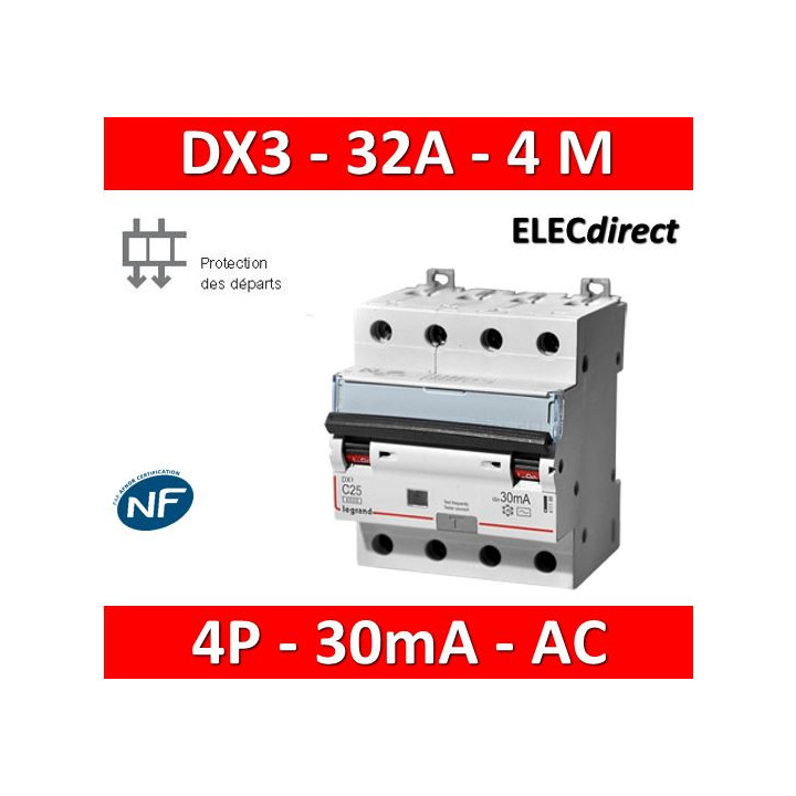 LEGRAND - Disjoncteur Différentiel  DX3  4P - 32A - 30MA - AC - 411189