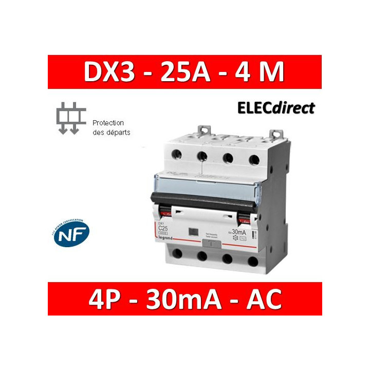 LEGRAND - Disjoncteur Différentiel  DX3  4P - 25A - 30MA - AC - 411188