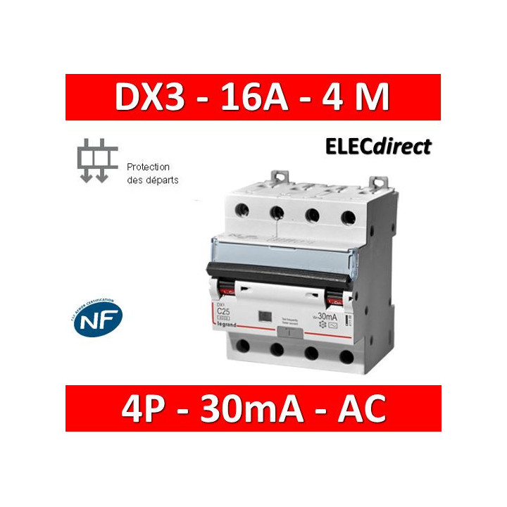 LEGRAND - Disjoncteur Différentiel  DX3  4P - 16A - 30MA - AC - 411186
