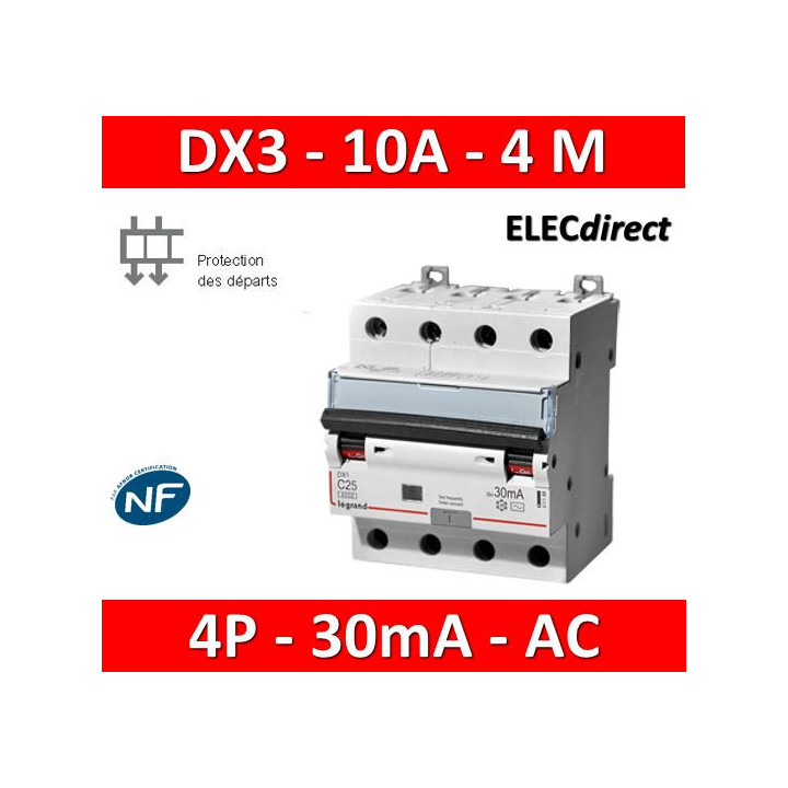 LEGRAND - Disjoncteur Différentiel  DX3  4P - 10A - 30MA - AC - 411185