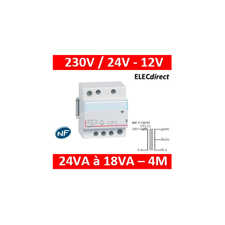 Legrand - Transformateur pour sonnerie - 230V /12V -  24V - 24VA - Réf : 413093