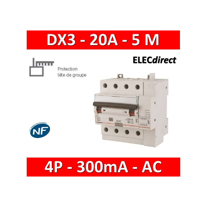 LEGRAND - Disjoncteur différentiel DX3 4P - 20A - 300ma - AC - Réf : 411217
