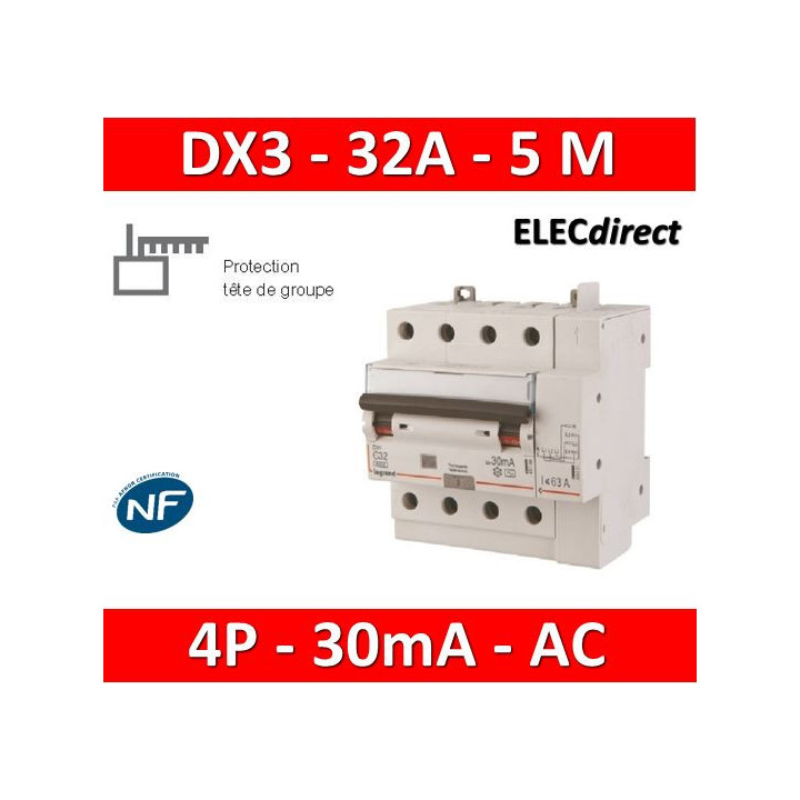 LEGRAND - Disjoncteur différentiel DX3 4P - 32A - 30ma - AC - Réf : 411200