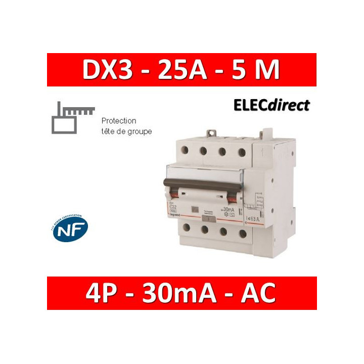 LEGRAND - Disjoncteur différentiel DX3 4P - 25A - 30ma - AC - 411199