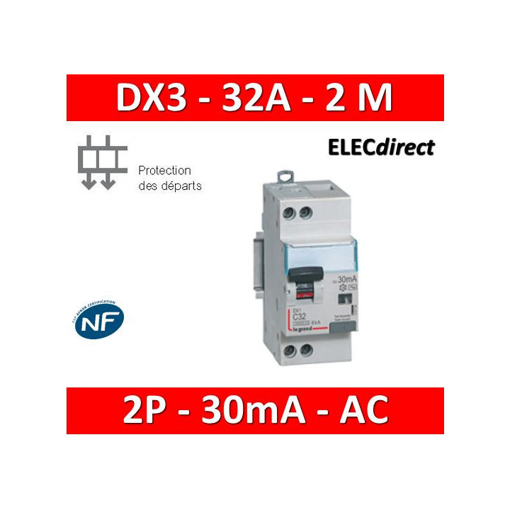 LEGRAND - Disjoncteur différentiel DX3 P+N - 32A - 30mA - AC - Réf : 410708