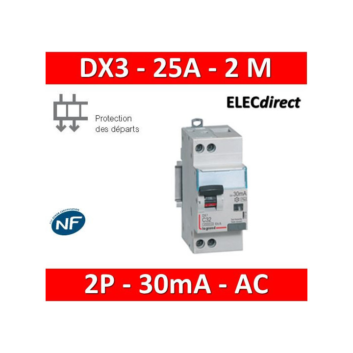 LEGRAND - Disjoncteur différentiel DX3 P+N - 25A - 30mA - AC - Réf : 410707