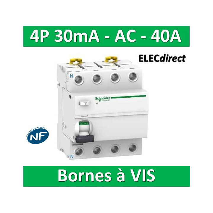 SCHNEIDER - Interrupteur Différentiel 4P - 40A - 30mA - AC - Réf : A9R11440