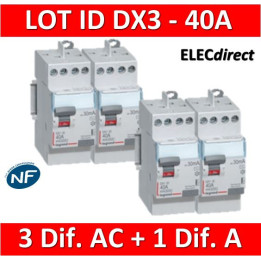 LEGRAND - LOT de 4 inter différentiels DX3 - (3 - ID 2x40A 30mA AC - ID 2x40A 30mA A) 411611x3 + 411617