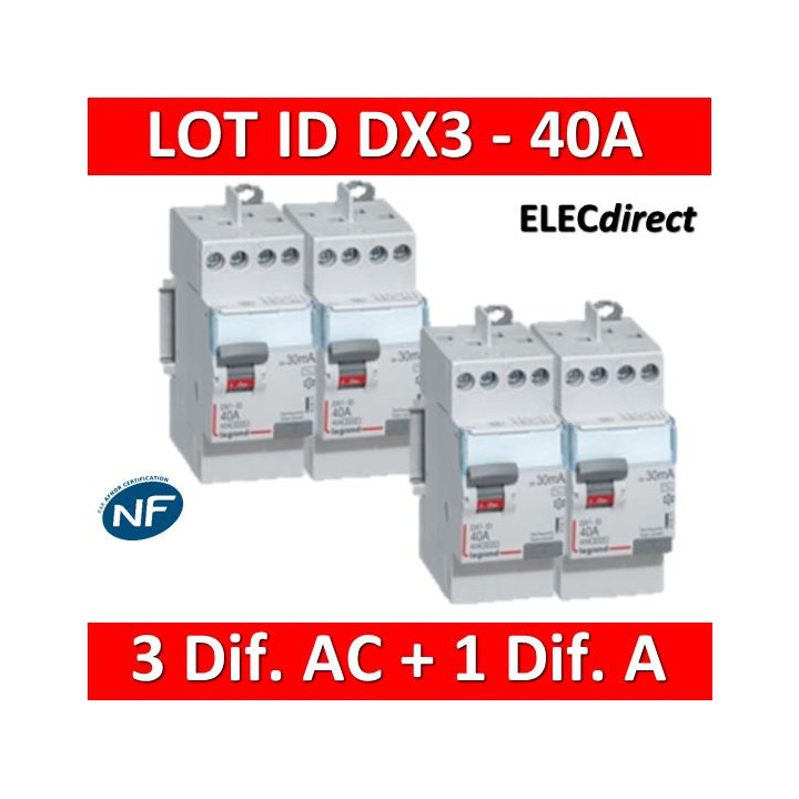LEGRAND - LOT de 4 inter différentiels DX3 - (3 - ID 2x40A 30mA AC - ID 2x40A 30mA A) 411611x3 + 411617