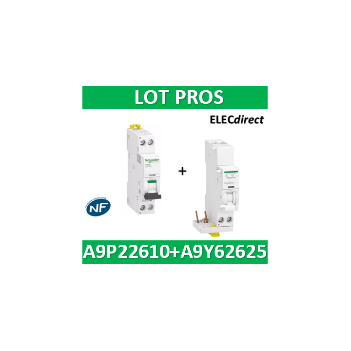 SCHNEIDER - Disjoncteur Ph/N 10A IDT40T - 6KA + Bloc diff. 25A 30mA type AC - A9P22610+A9Y62625