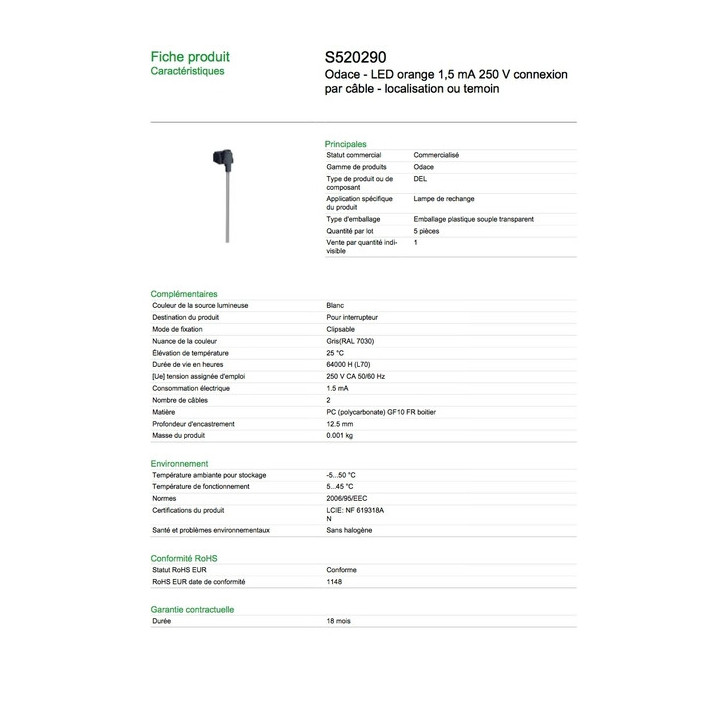 Schneider - Odace - Témoin/Lumineux - LED orange - Réf : S520290