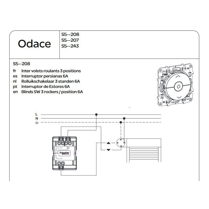 Schneider - Odace - Inter volets-roulant montée/descente/stop - Blanc - Réf : S520208