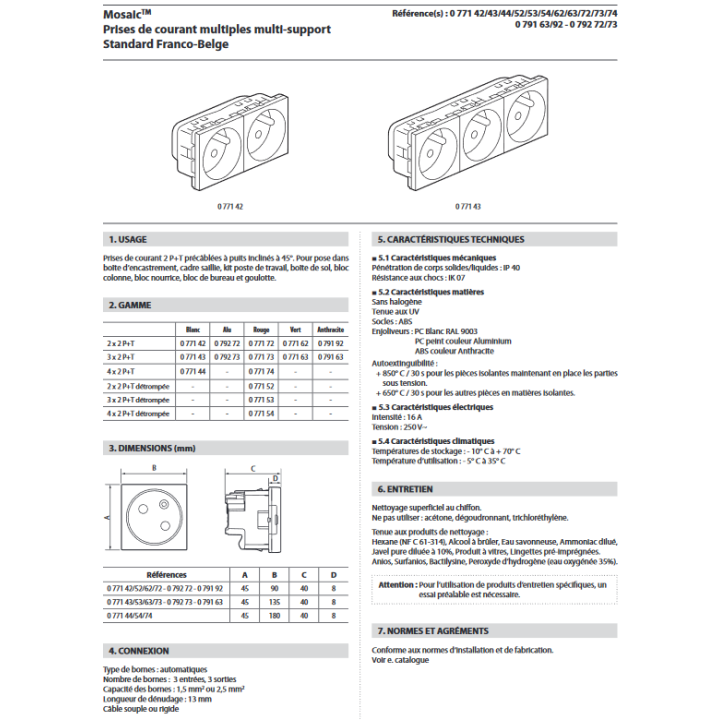 Legrand Mosaic - Prise de courant 3 x 2P+T 16A - 230V - 077143