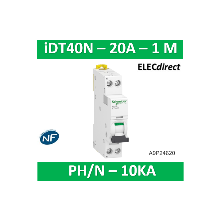 Schneider - Acti9 iDT40N - Disj - 1P+N - 20A - Courbe C - 6000A/10kA - Réf : A9P24620