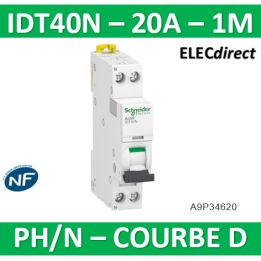 Schneider - Acti9 iDT40N - disjoncteur modulaire - 1P+N D 20A 6000A/10kA - A9P34620